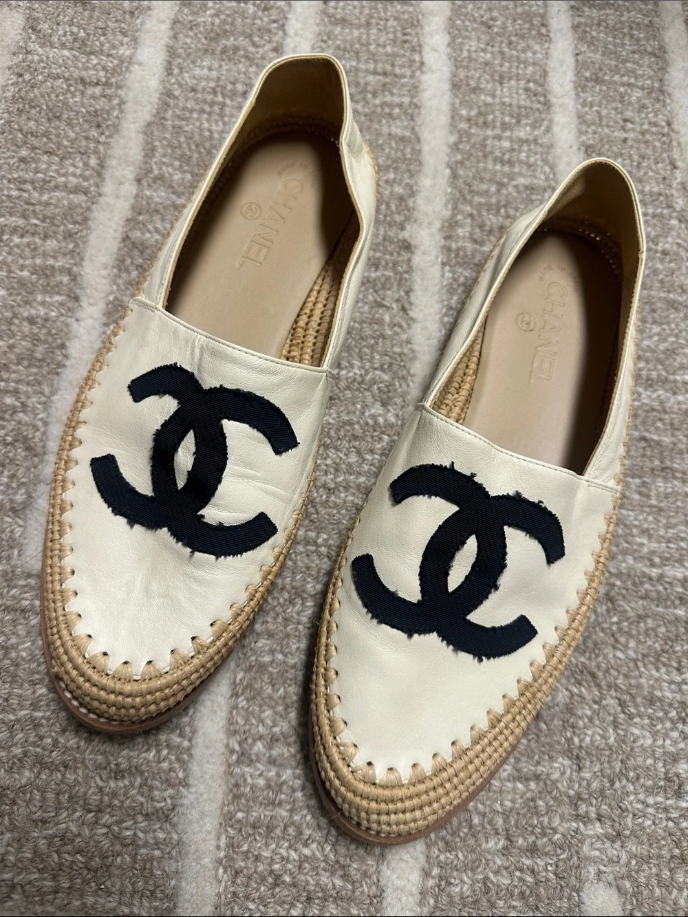 CHANEL Cream Leather Espadrille Flats with Black CC Embroidered Logo